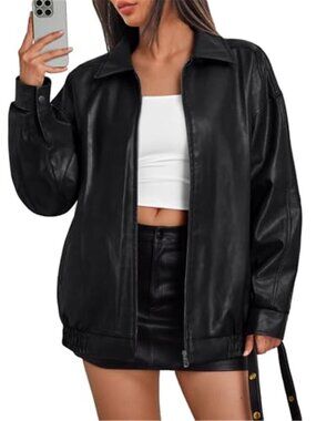 Oversized Faux Leather Moto Bomber Jacket Zip Up Streetwear Fall Winter Coat